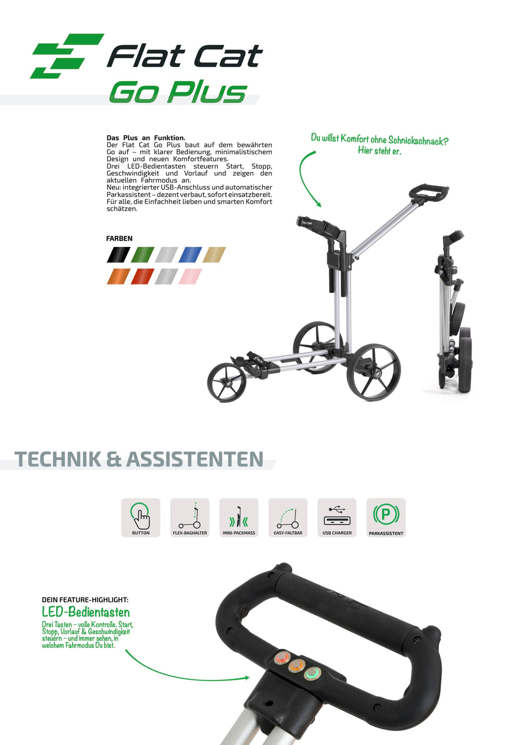 Flat Cat Go Plus – 1.680.- SommerAktion Das Plus an Funktion inkl Scorkarten- u. Schirmhalterung! plus nur bei uns 3 Jahre Garantie auf das gesamte Trolley😎